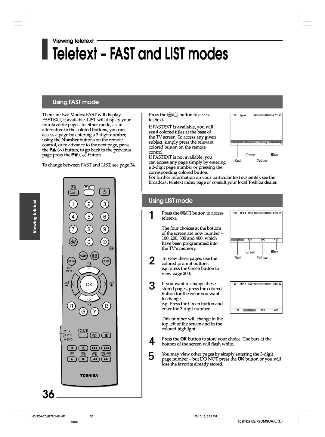 Toshiba 62CM9UA, 72CM9UE Teletext - FAST and LIST modes, Using FAST mode, Using LIST mode, R P B G Y, Viewing teletext 