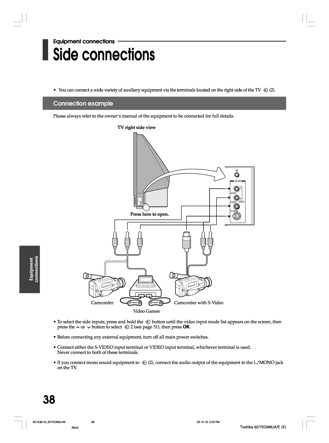 Toshiba 62CM9UE, 62CM9UA, 72CM9UE, 72CM9UA owner manual Side connections, Connection example, Equipment connections 