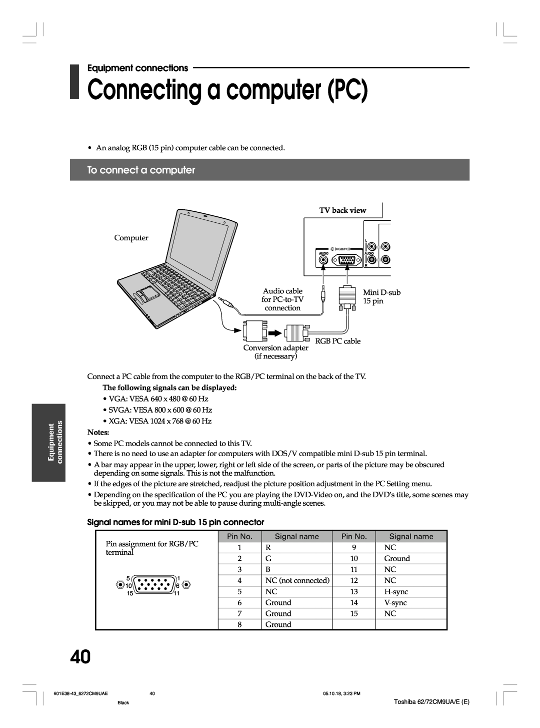 Toshiba 62CM9UA Connecting a computer PC, To connect a computer, Signal names for mini D-sub 15 pin connector, Equipment 