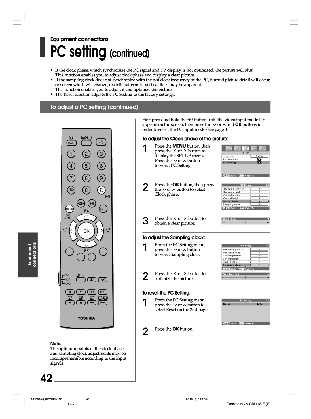 Toshiba 62CM9UE To adjust a PC setting continued, To adjust the Clock phase of the picture, To reset the PC Setting 