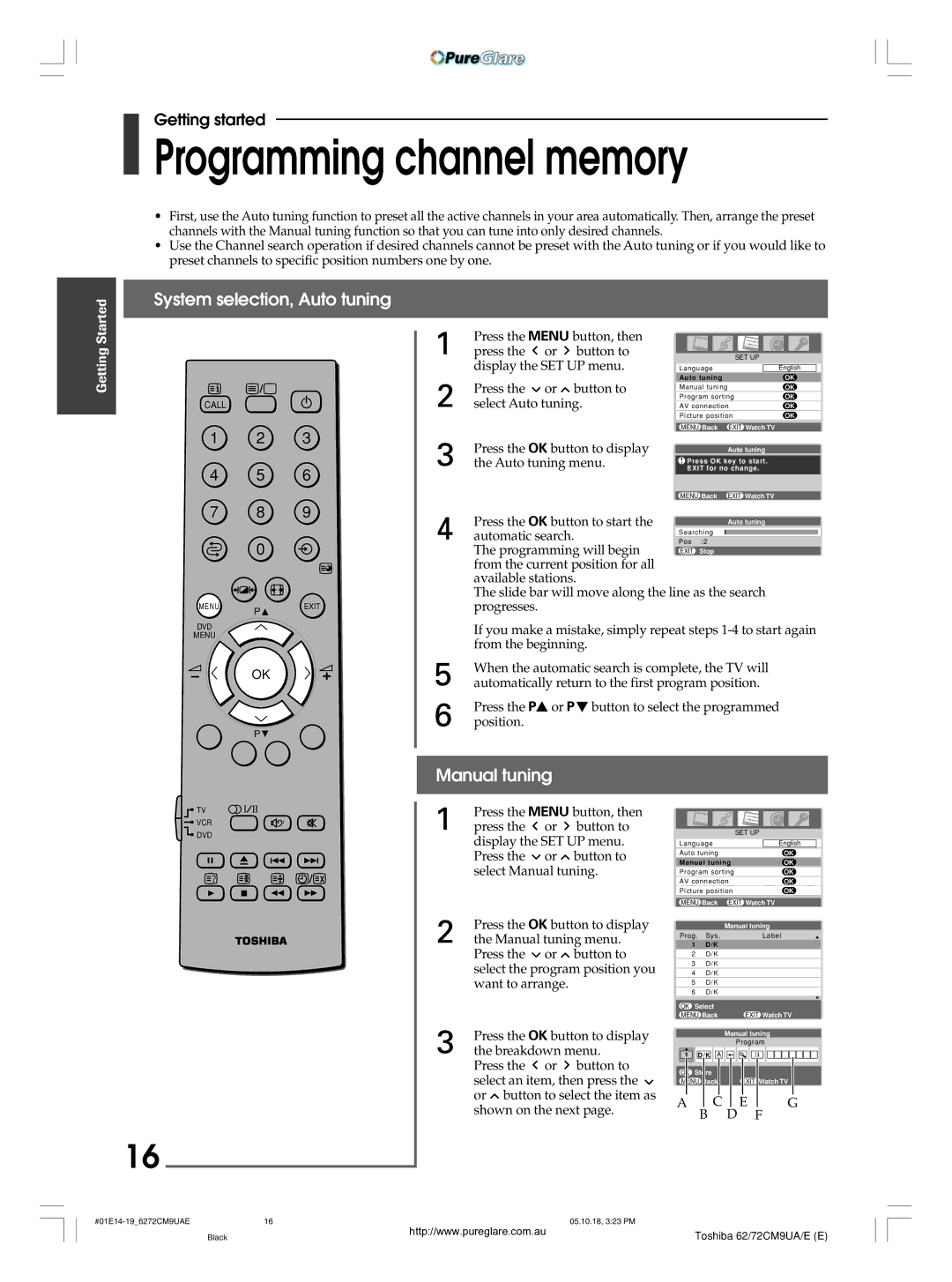 Toshiba 62CM9UA owner manual Programming channel memory, System selection, Auto tuning, Manual tuning 