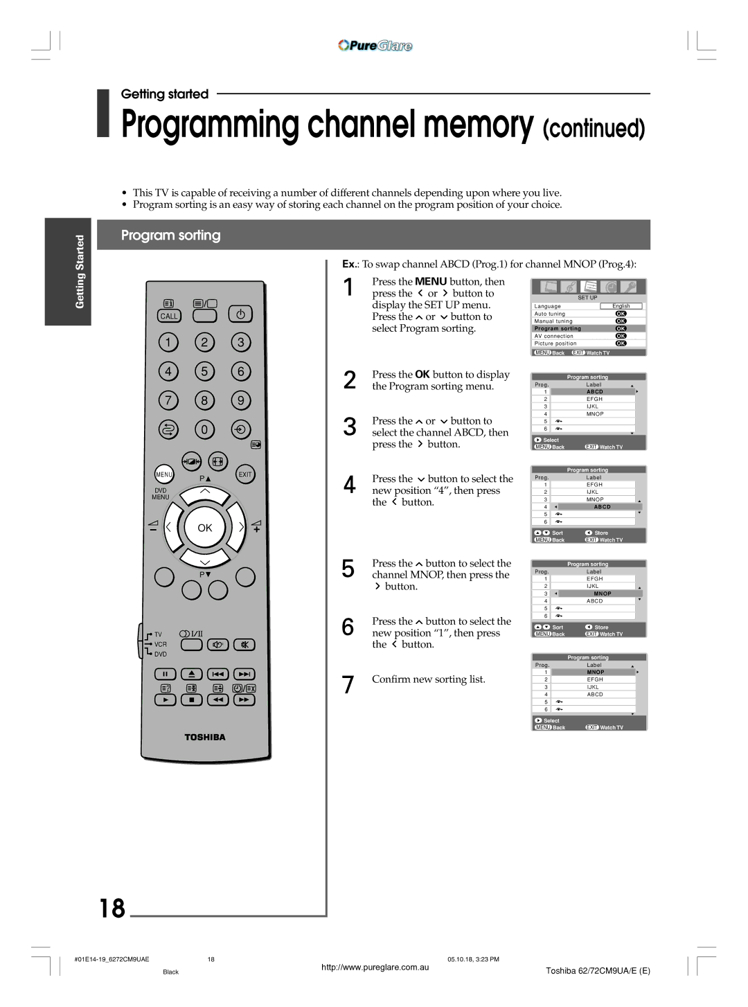 Toshiba 62CM9UA owner manual Programming channel memory, Program sorting 