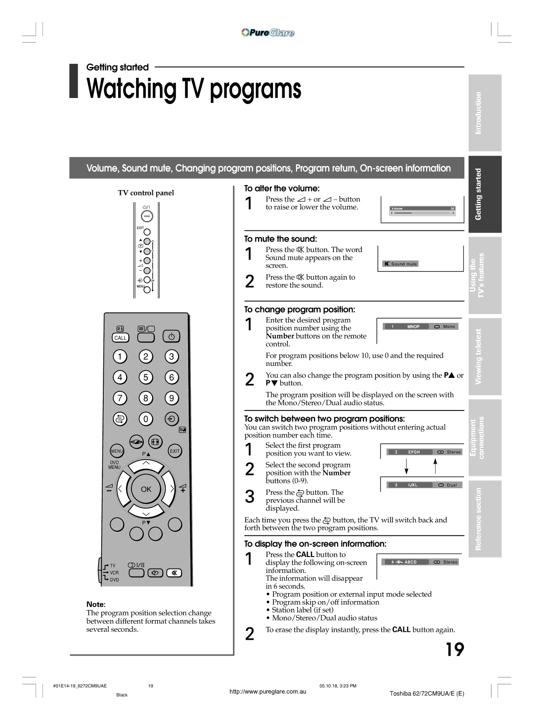 Toshiba 62CM9UA owner manual Watching TV programs 