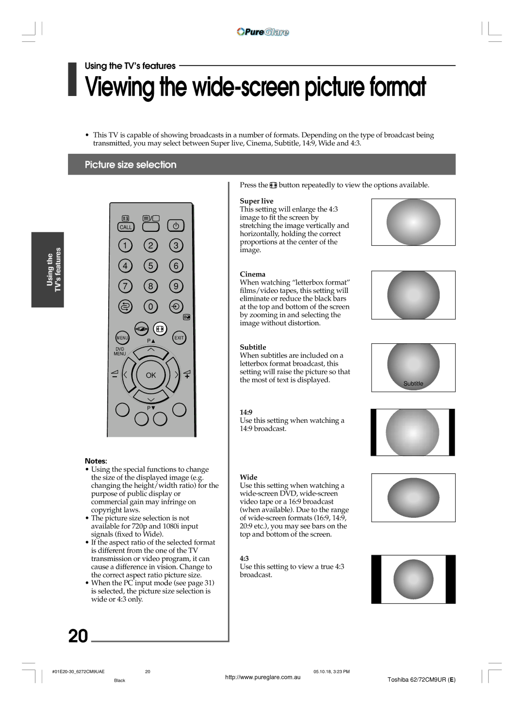 Toshiba 62CM9UA owner manual Picture size selection 