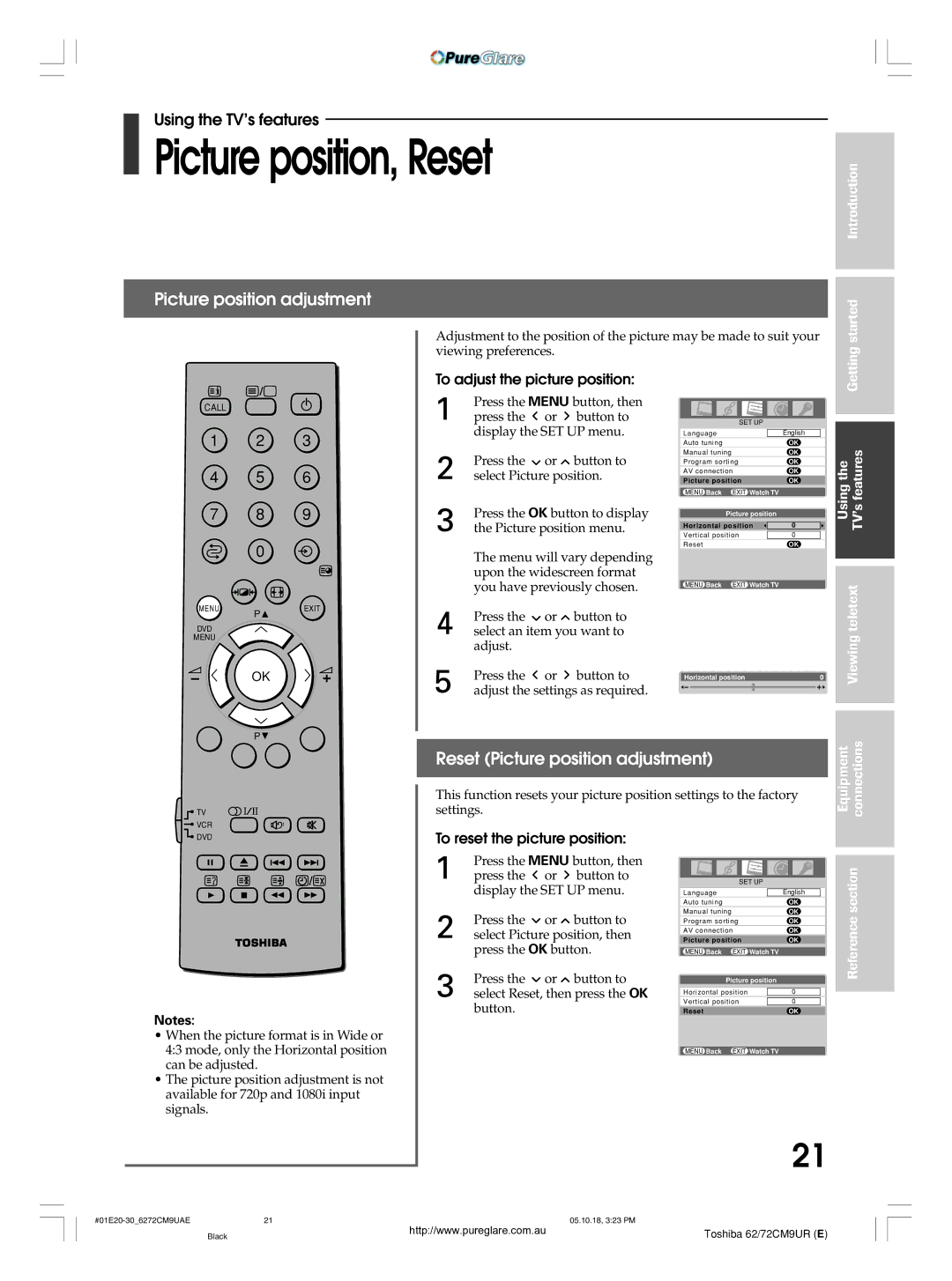 Toshiba 62CM9UA owner manual Picture position, Reset, Reset Picture position adjustment, To adjust the picture position 