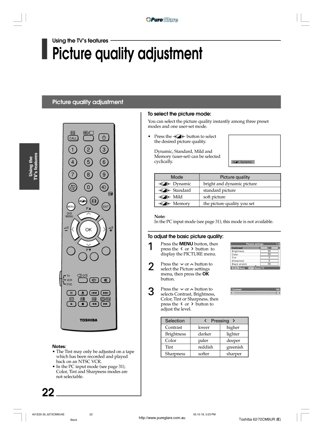 Toshiba 62CM9UA owner manual Picture quality adjustment, To select the picture mode, To adjust the basic picture quality 