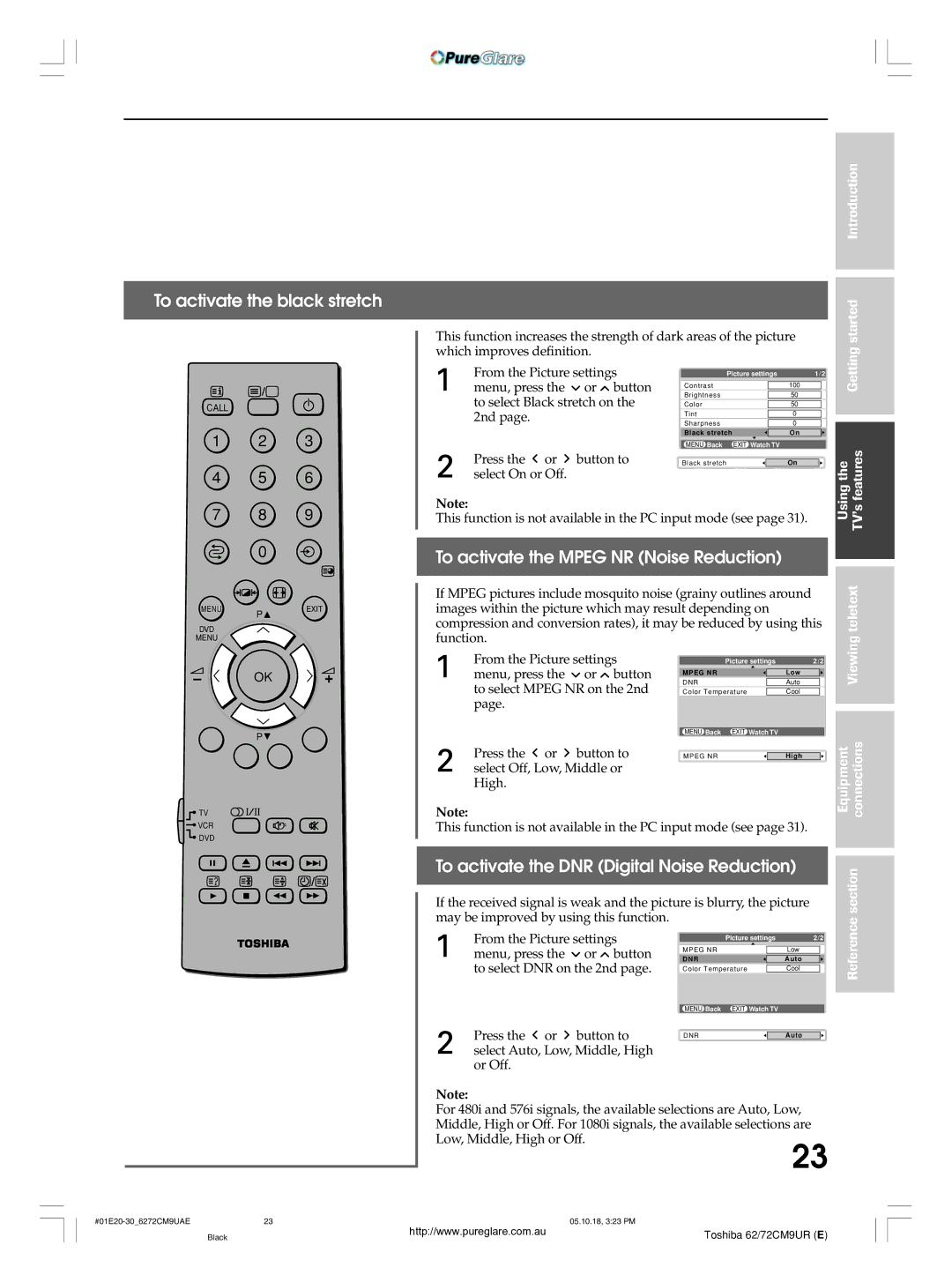 Toshiba 62CM9UA owner manual To activate the black stretch, To activate the Mpeg NR Noise Reduction, Viewing 