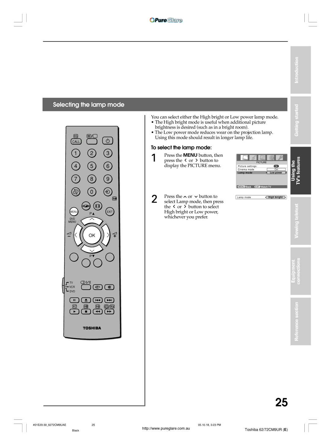 Toshiba 62CM9UA owner manual Selecting the lamp mode, To select the lamp mode 