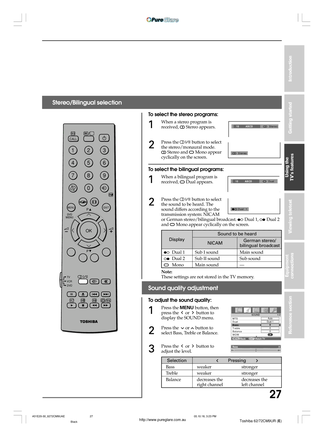 Toshiba 62CM9UA owner manual Stereo/Bilingual selection, Sound quality adjustment, To select the stereo programs 