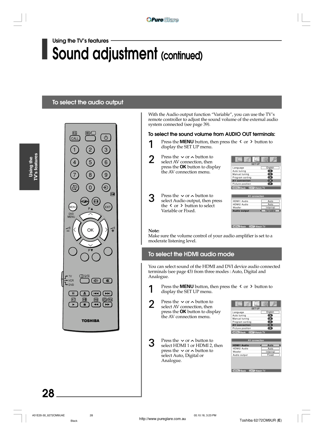 Toshiba 62CM9UA owner manual To select the audio output, To select the Hdmi audio mode 