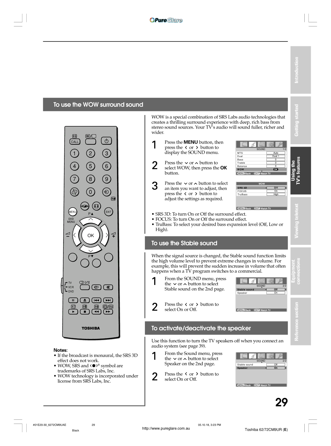 Toshiba 62CM9UA owner manual To use the WOW surround sound, To use the Stable sound, To activate/deactivate the speaker 