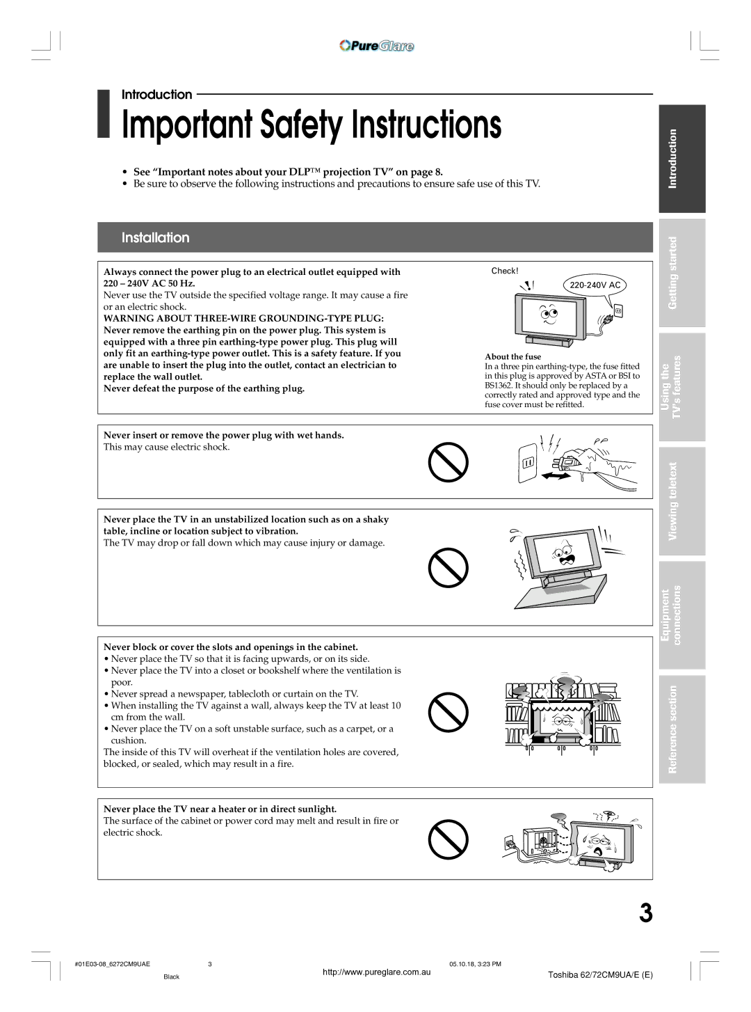 Toshiba 62CM9UA Important Safety Instructions, Installation, See Important notes about your DLP projection TV on 