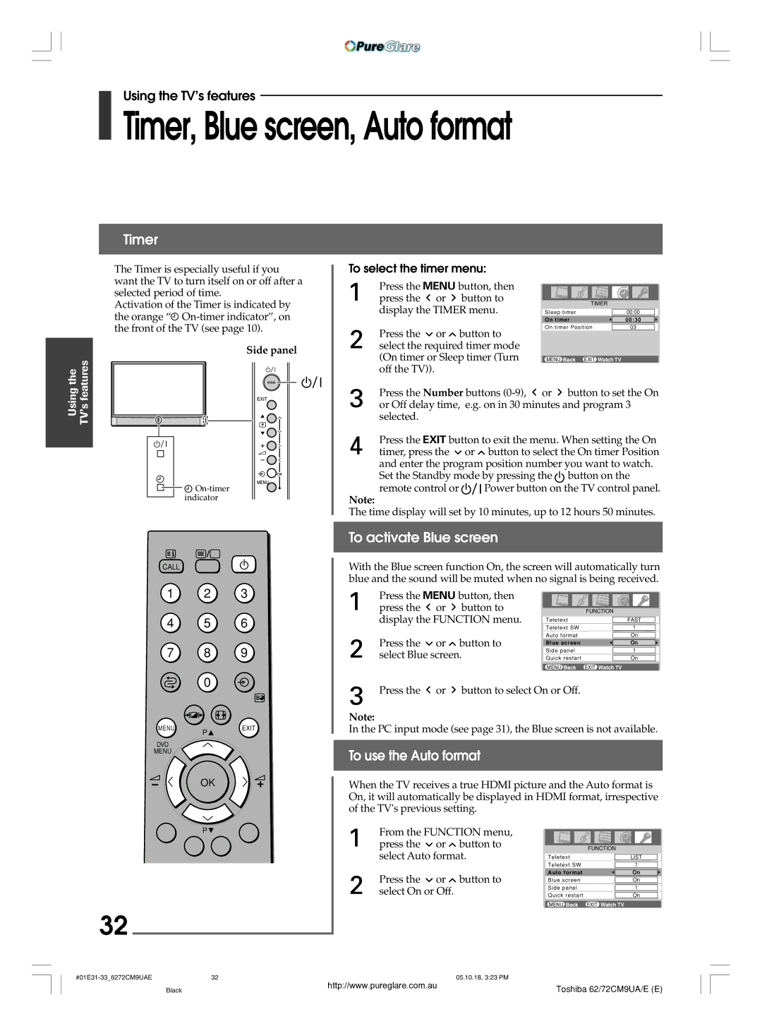 Toshiba 62CM9UA Timer, Blue screen, Auto format, To activate Blue screen, To use the Auto format, To select the timer menu 