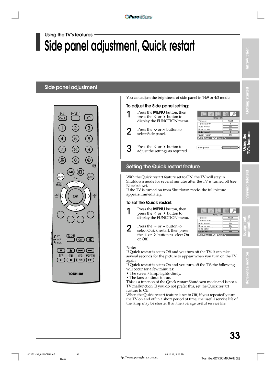 Toshiba 62CM9UA owner manual Side panel adjustment, Setting the Quick restart feature, To adjust the Side panel setting 