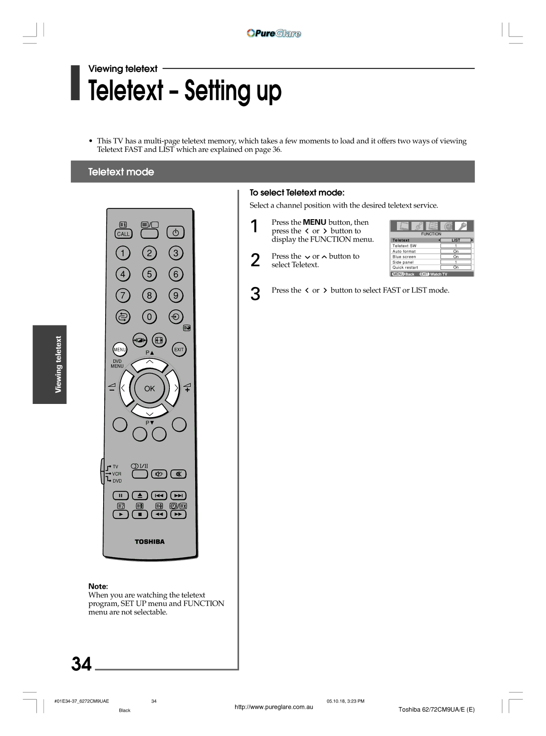 Toshiba 62CM9UA owner manual Teletext Setting up, To select Teletext mode 