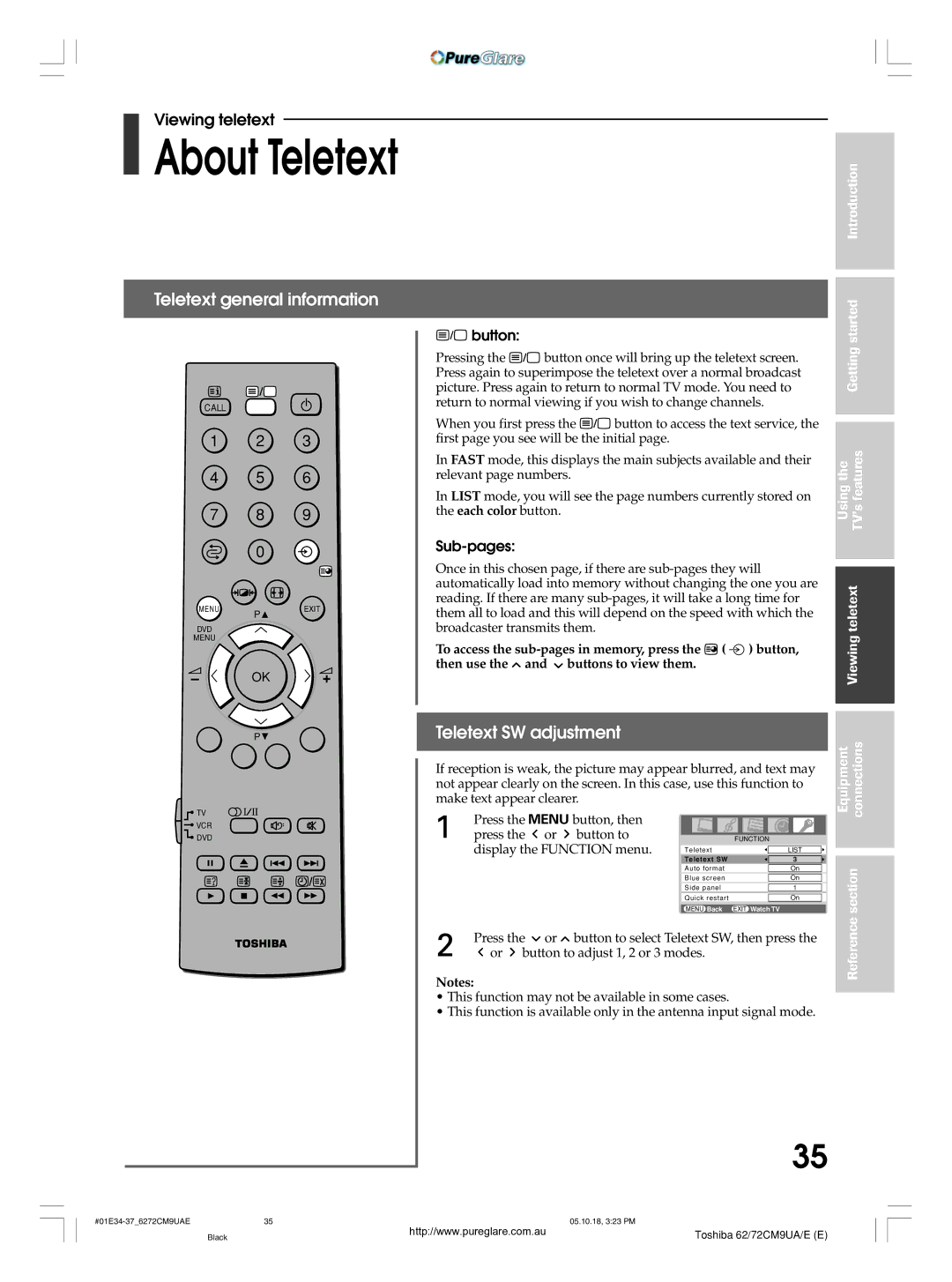 Toshiba 62CM9UA owner manual About Teletext, Teletext general information, Teletext SW adjustment, Button, Sub-pages 