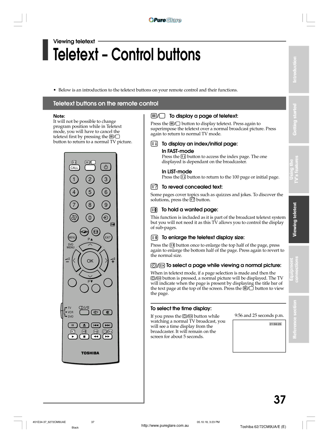 Toshiba 62CM9UA owner manual Teletext Control buttons, Teletext buttons on the remote control 