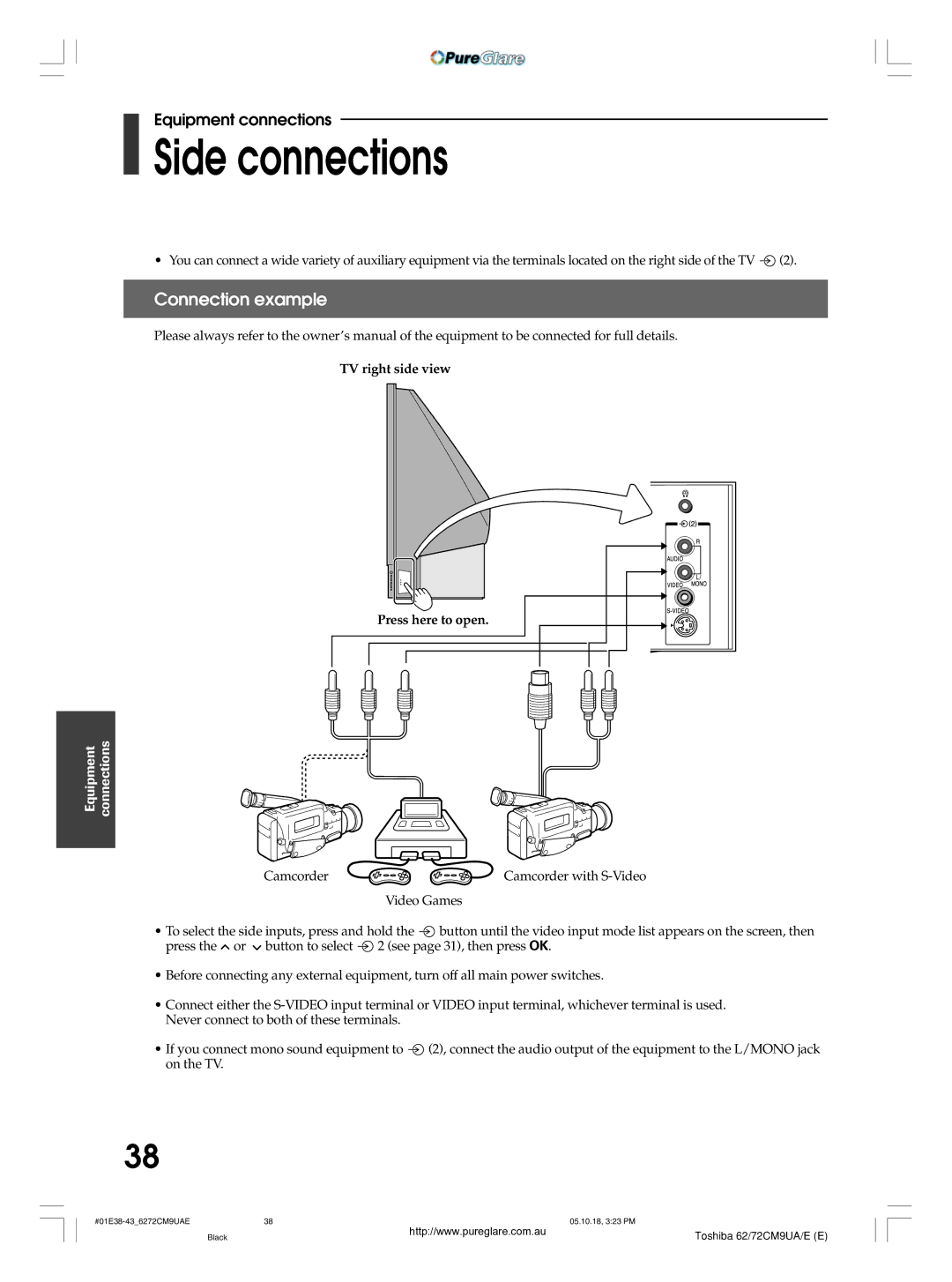 Toshiba 62CM9UA owner manual Side connections, Connection example, TV right side view Press here to open 