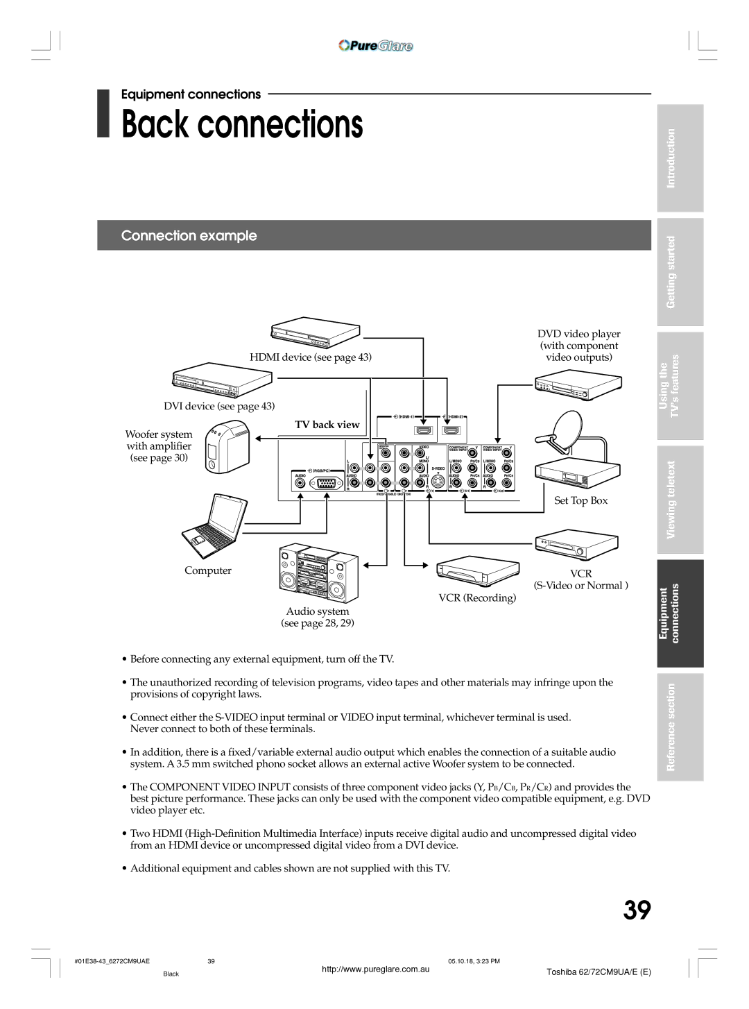 Toshiba 62CM9UA owner manual Back connections, Using the TV’s features Teletext, Viewing Equipment Connections 