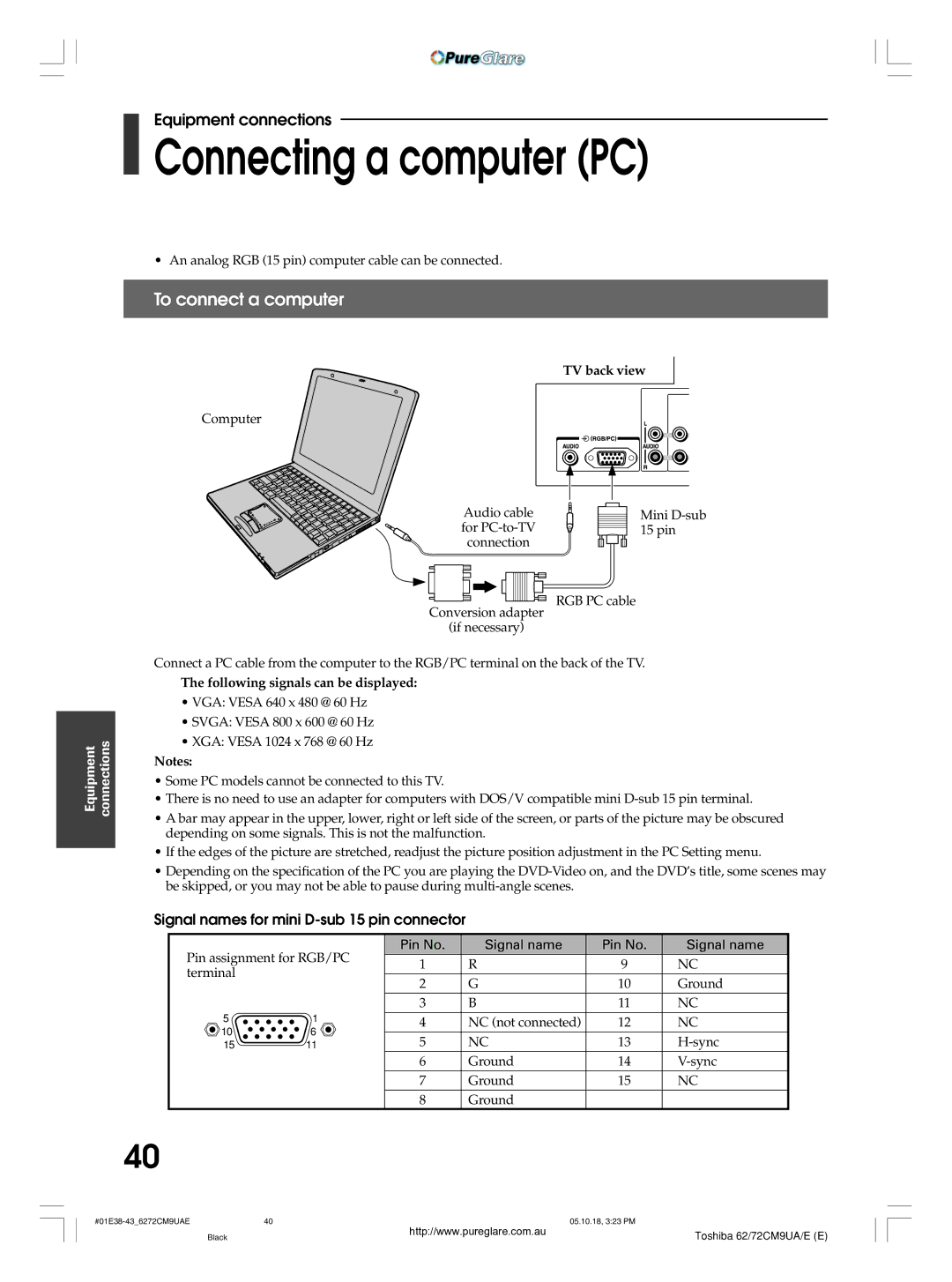 Toshiba 62CM9UA owner manual Connecting a computer PC, To connect a computer, Signal names for mini D-sub 15 pin connector 