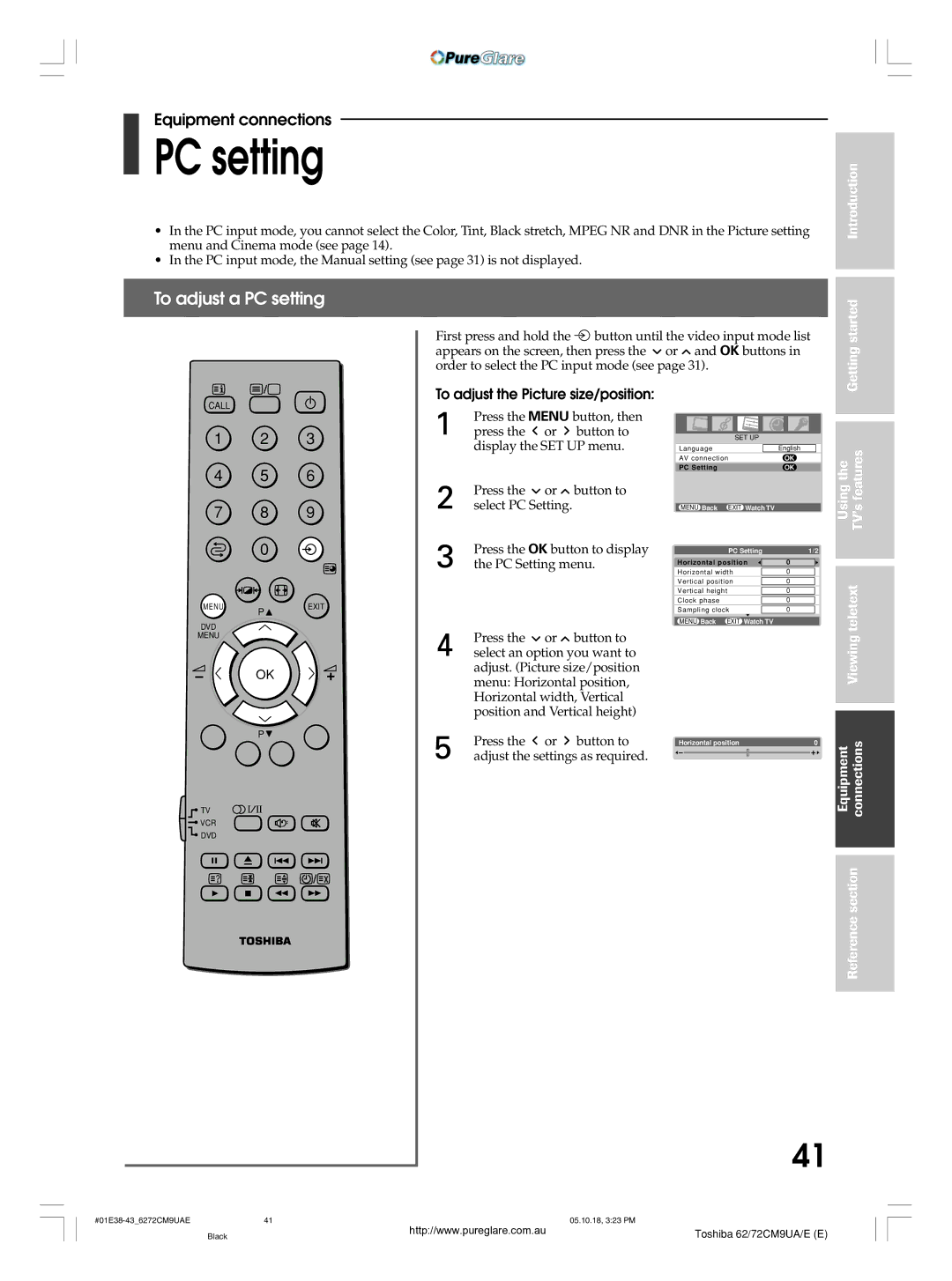 Toshiba 62CM9UA owner manual To adjust a PC setting, To adjust the Picture size/position 