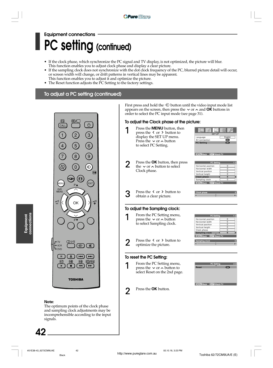 Toshiba 62CM9UA To adjust the Clock phase of the picture, To adjust the Sampling clock, To reset the PC Setting 