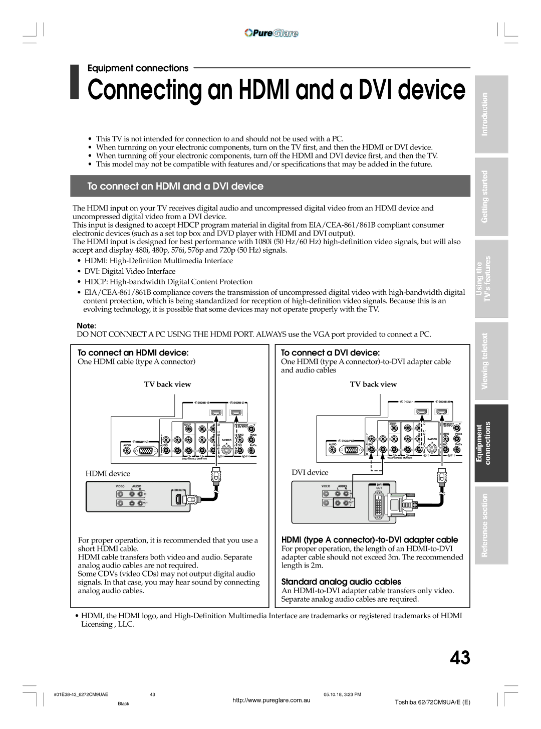 Toshiba 62CM9UA owner manual To connect an Hdmi and a DVI device, To connect an Hdmi device, To connect a DVI device 