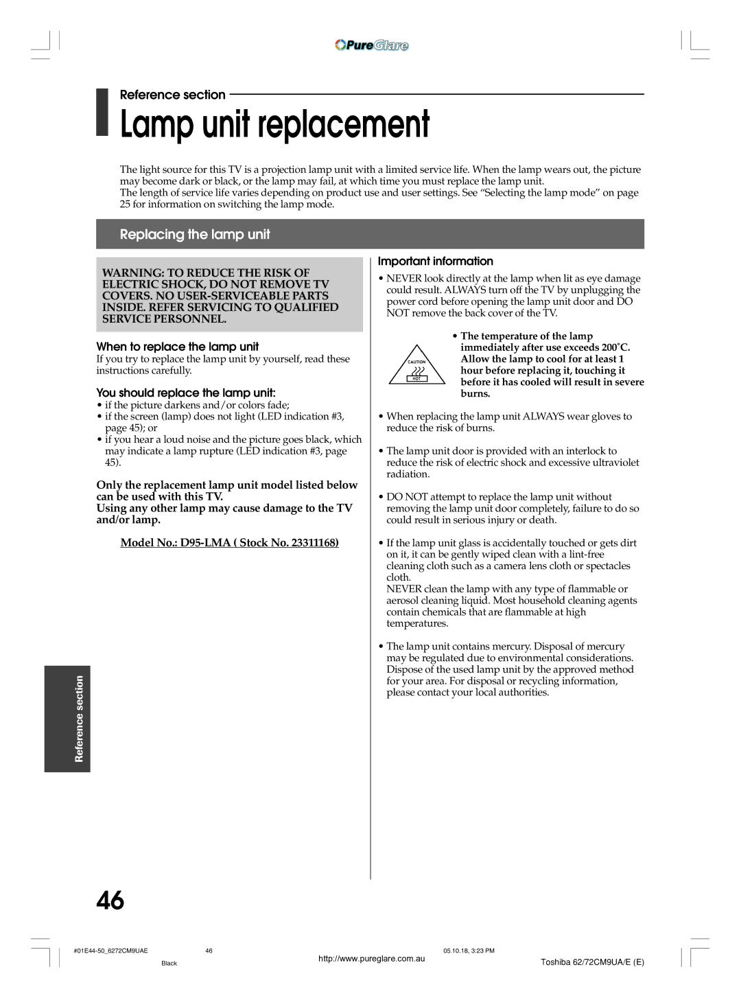 Toshiba 62CM9UA Lamp unit replacement, Replacing the lamp unit, When to replace the lamp unit, Important information 