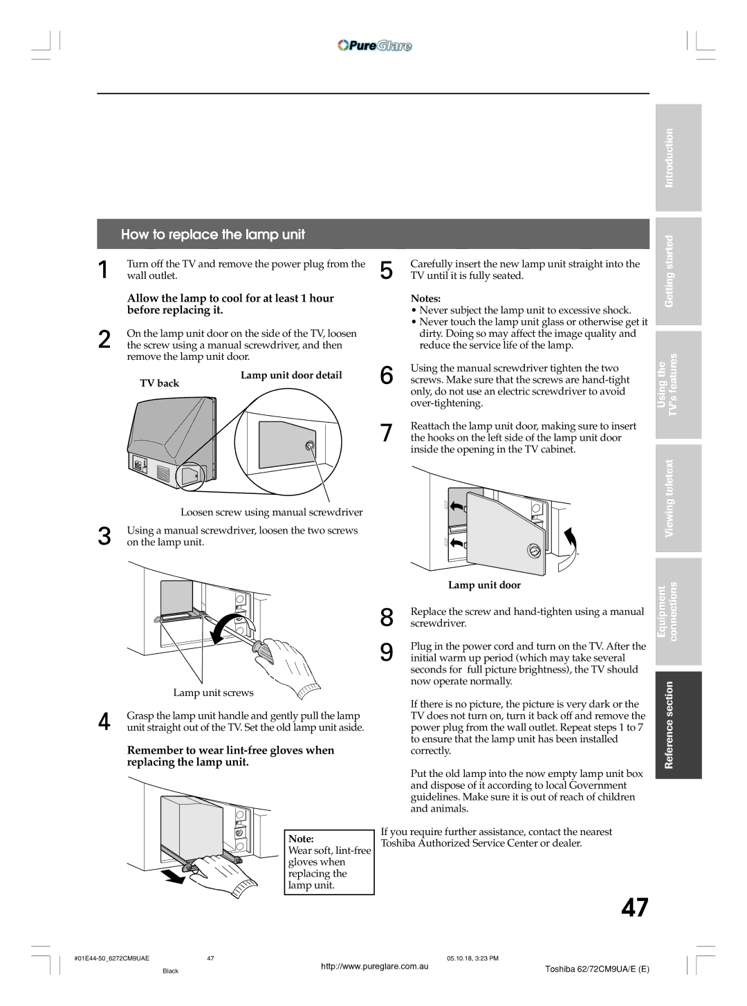 Toshiba 62CM9UA owner manual How to replace the lamp unit, Lamp unit door detail TV back 