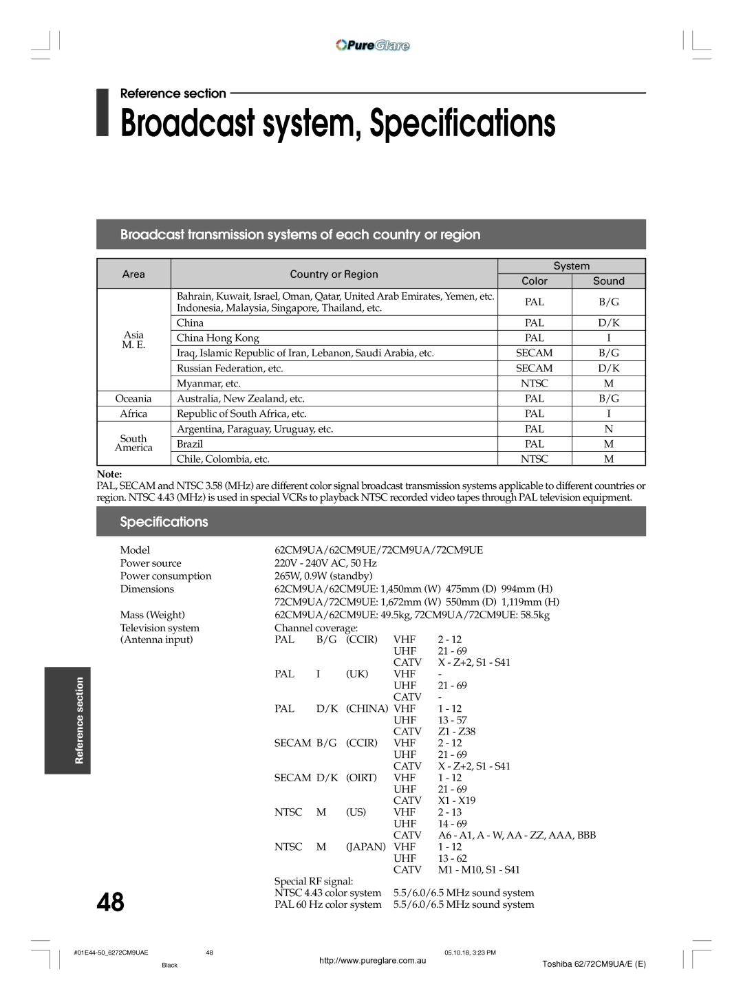 Toshiba 62CM9UA owner manual Broadcast system, Specifications, Broadcast transmission systems of each country or region 