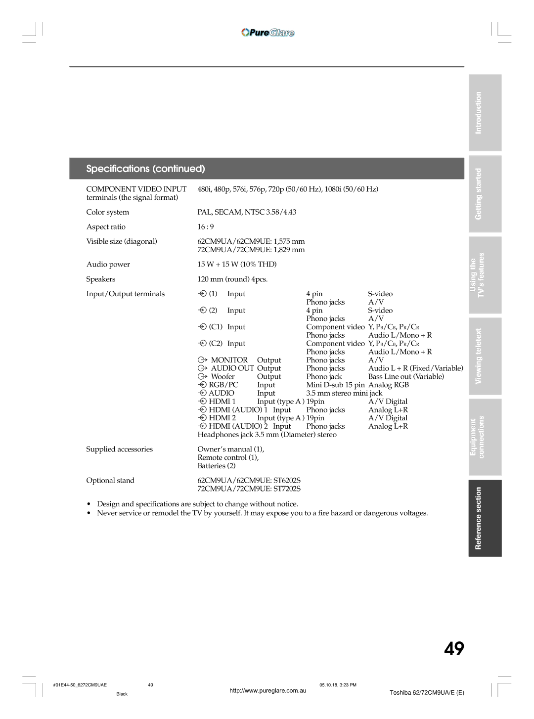 Toshiba 62CM9UA owner manual Component Video Input, Using Viewing teletext Equipment Connections 