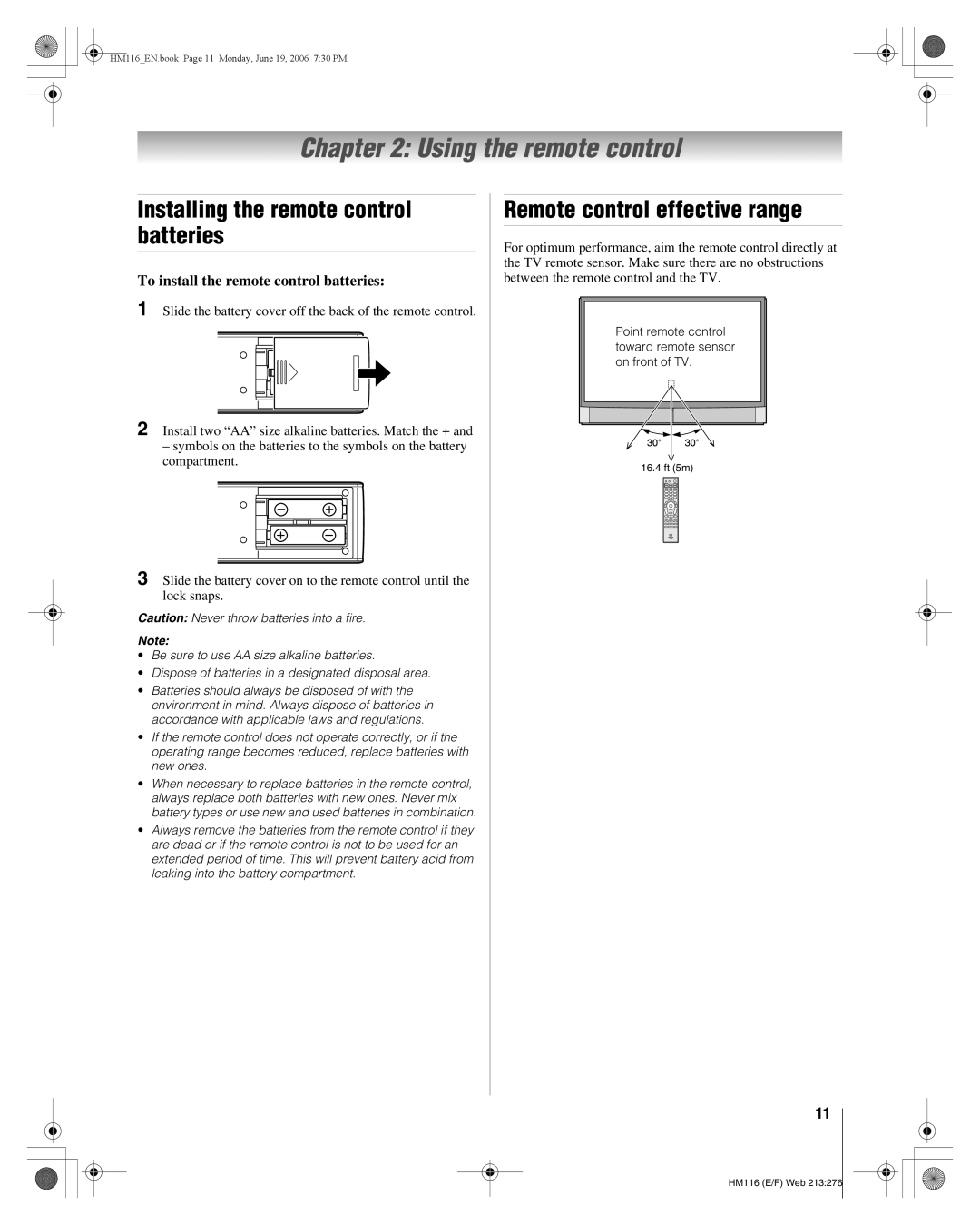 Toshiba 62HM116 manual Using the remote control, Installing the remote control batteries, Remote control effective range 