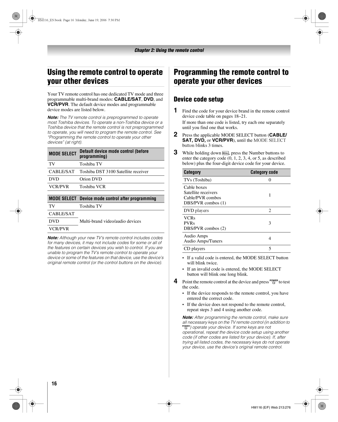 Toshiba 62HM116 manual Using the remote control to operate your other devices, Device code setup, Category Category code 