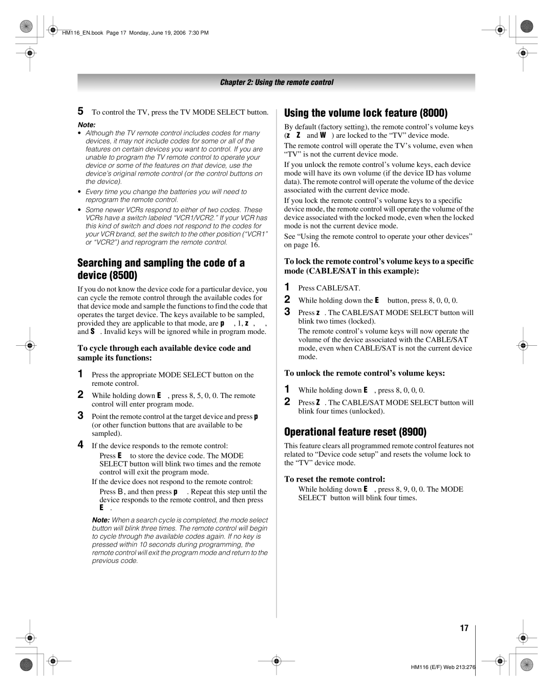 Toshiba 62HM116 Searching and sampling the code of a device, Using the volume lock feature, Operational feature reset 