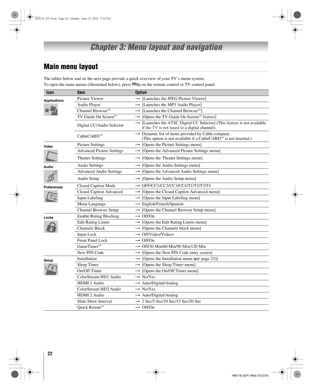 Toshiba 62HM116 manual Menu layout and navigation, Main menu layout, Icon Option 