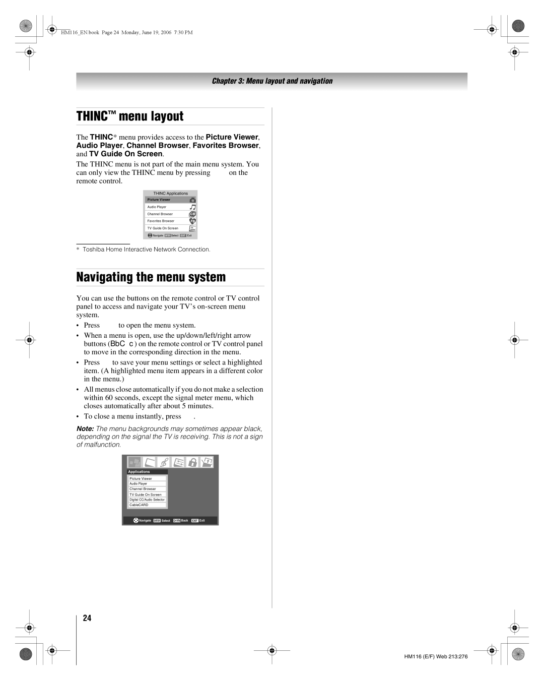 Toshiba 62HM116 manual Thinc menu layout, Navigating the menu system 