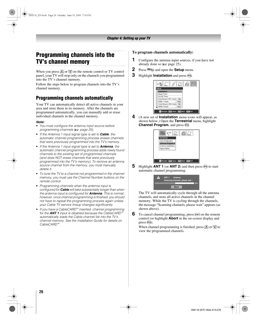 Toshiba 62HM116 manual Programming channels automatically, To program channels automatically 