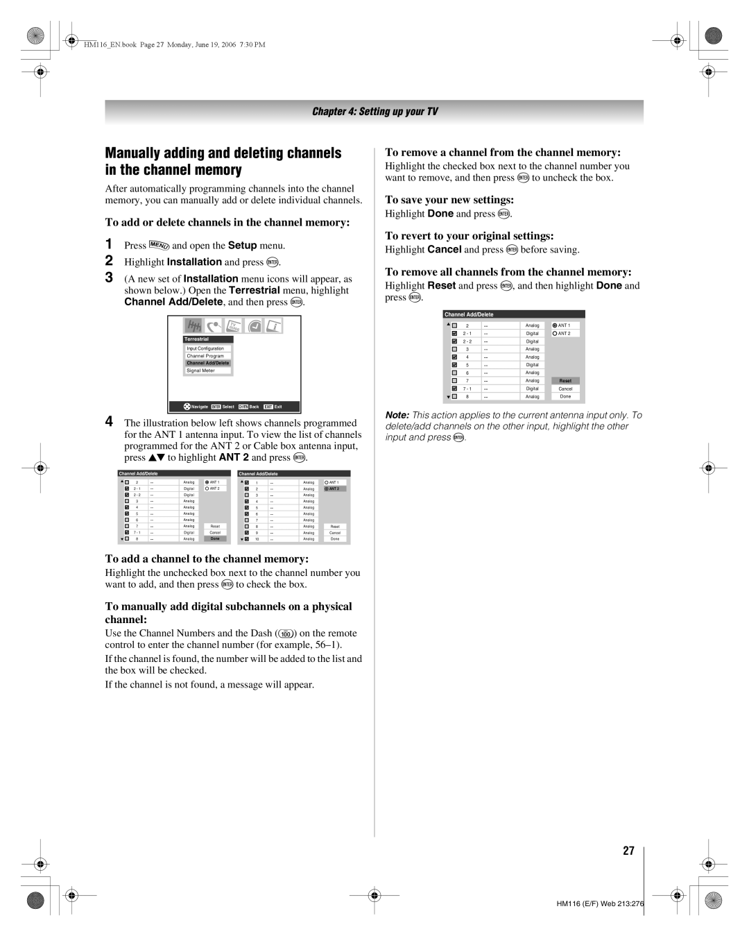 Toshiba 62HM116 manual Manually adding and deleting channels in the channel memory 