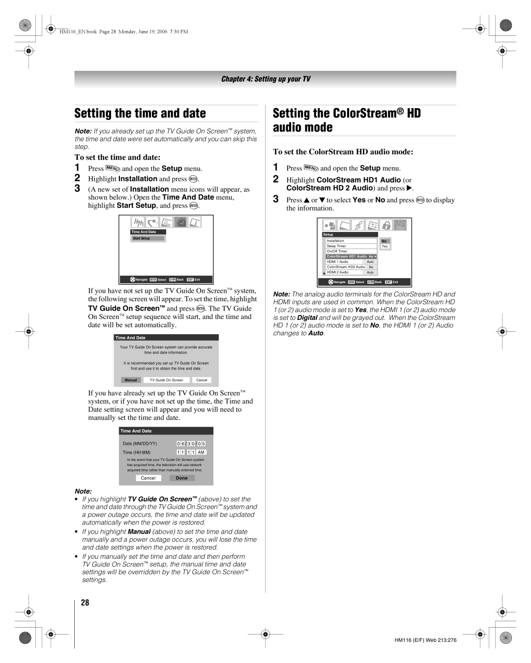 Toshiba 62HM116 manual Setting the time and date, To set the time and date, To set the ColorStream HD audio mode 