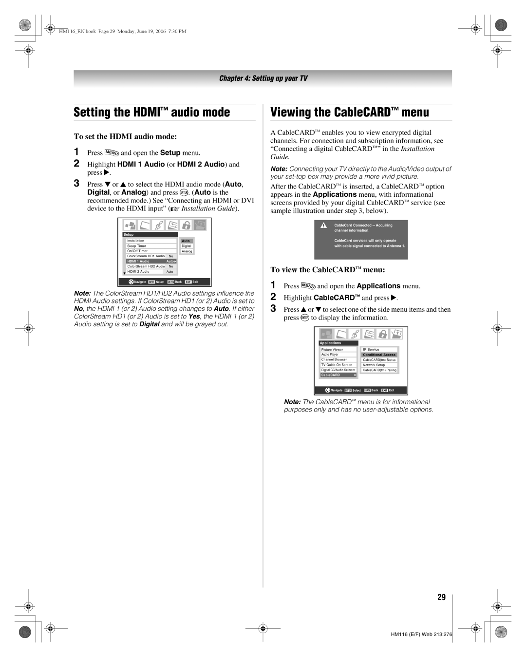 Toshiba 62HM116 manual Setting the Hdmi audio mode, Viewing the CableCARD menu, To set the Hdmi audio mode 