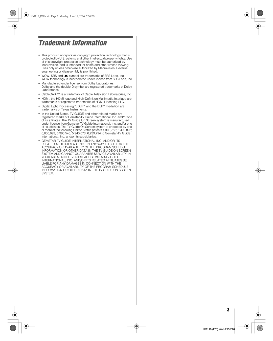 Toshiba 62HM116 manual Trademark Information 