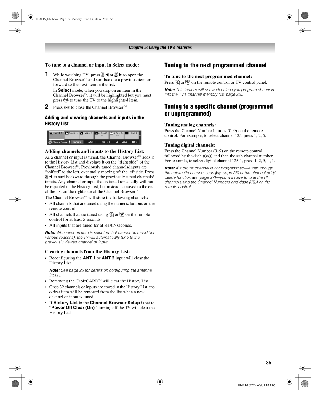 Toshiba 62HM116 manual Tuning to the next programmed channel, Tuning to a specific channel programmed or unprogrammed 