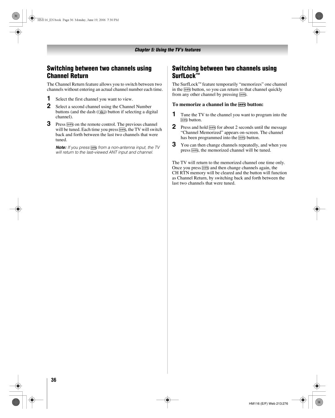 Toshiba 62HM116 manual Switching between two channels using Channel Return, Switching between two channels using SurfLock 