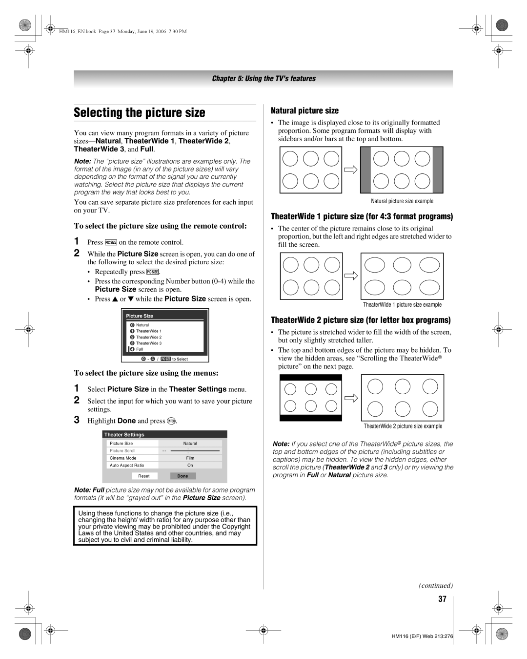 Toshiba 62HM116 manual Selecting the picture size, Natural picture size, TheaterWide 1 picture size for 43 format programs 