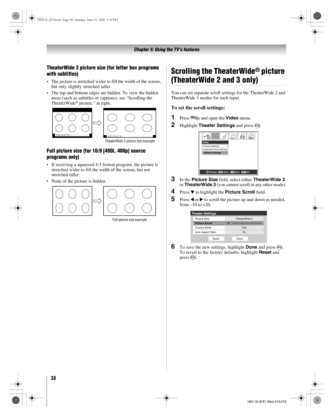 Toshiba 62HM116 manual Full picture size for 169 480i, 480p source programs only, To set the scroll settings 