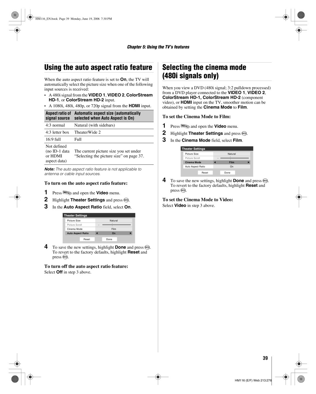 Toshiba 62HM116 manual To turn on the auto aspect ratio feature, To turn off the auto aspect ratio feature 