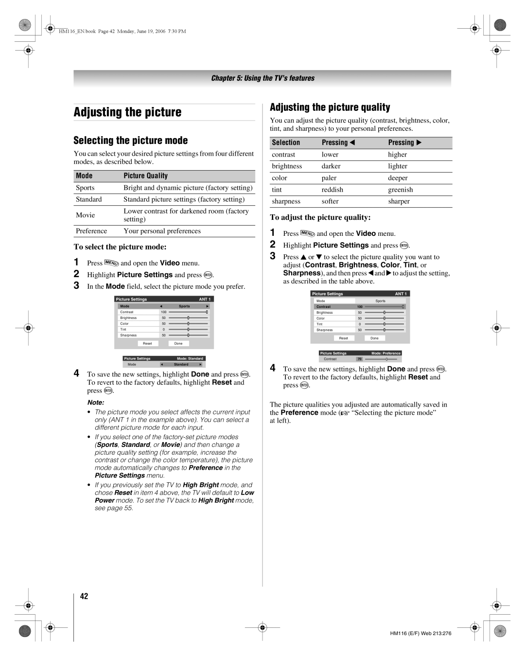 Toshiba 62HM116 manual Selecting the picture mode, Adjusting the picture quality, To select the picture mode 