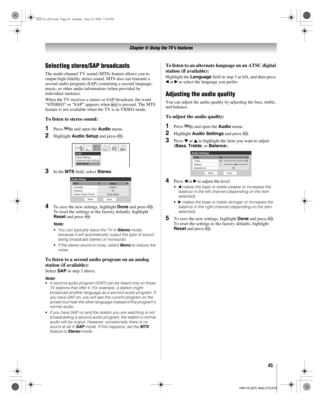 Toshiba 62HM116 manual Selecting stereo/SAP broadcasts, Adjusting the audio quality, To listen to stereo sound 