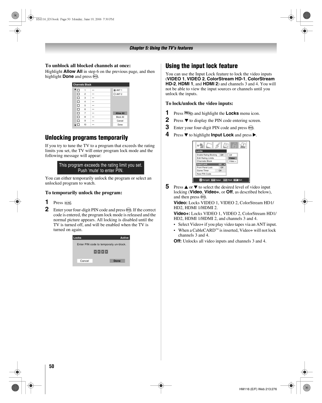 Toshiba 62HM116 Unlocking programs temporarily, Using the input lock feature, To unblock all blocked channels at once 