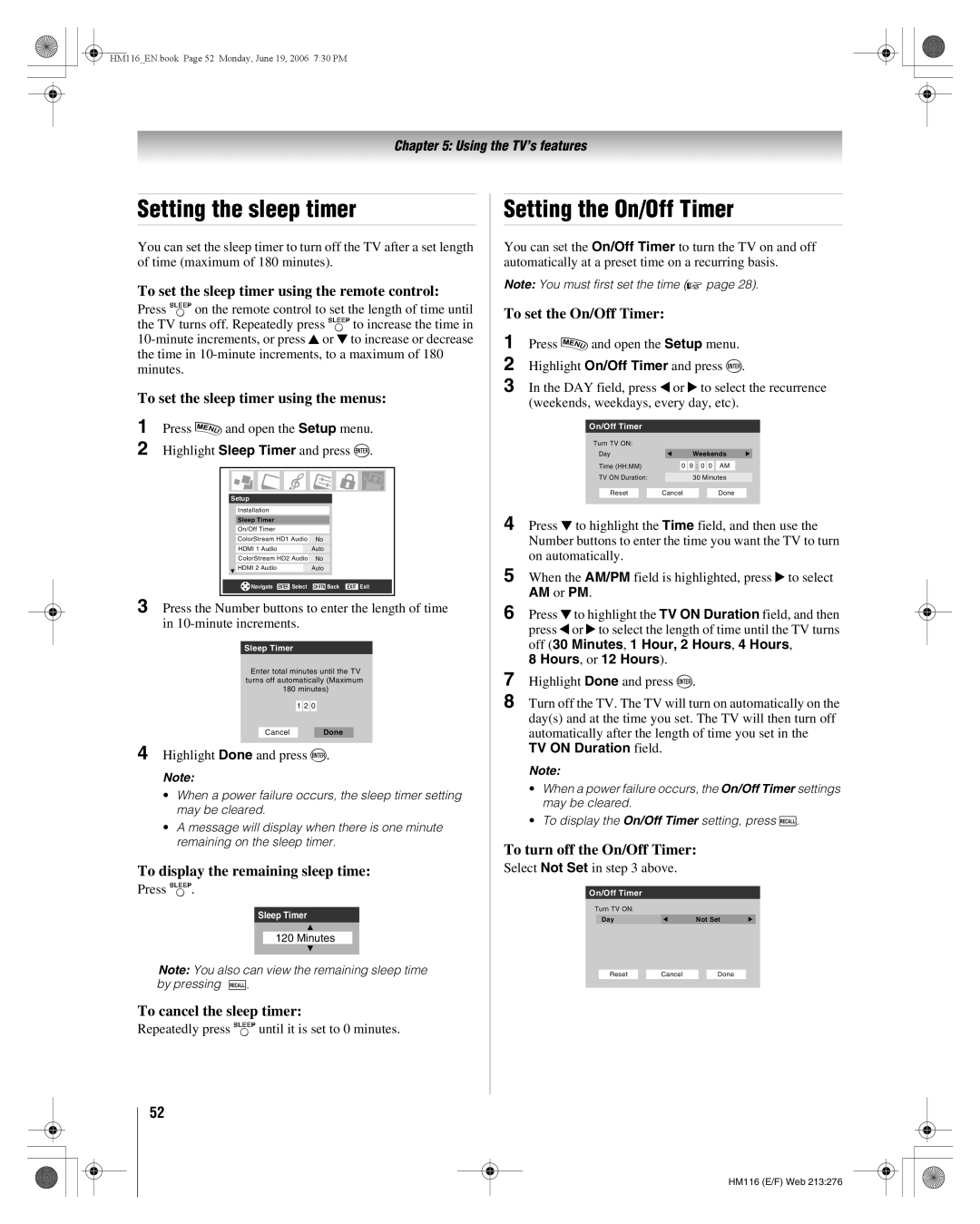 Toshiba 62HM116 manual Setting the sleep timer, Setting the On/Off Timer 